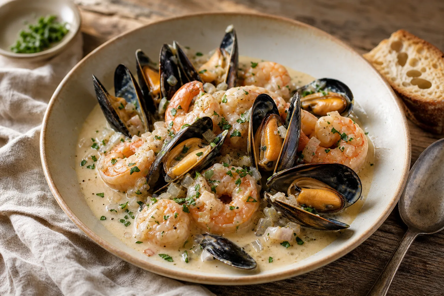Creamy Shallot Shrimp and Mussels